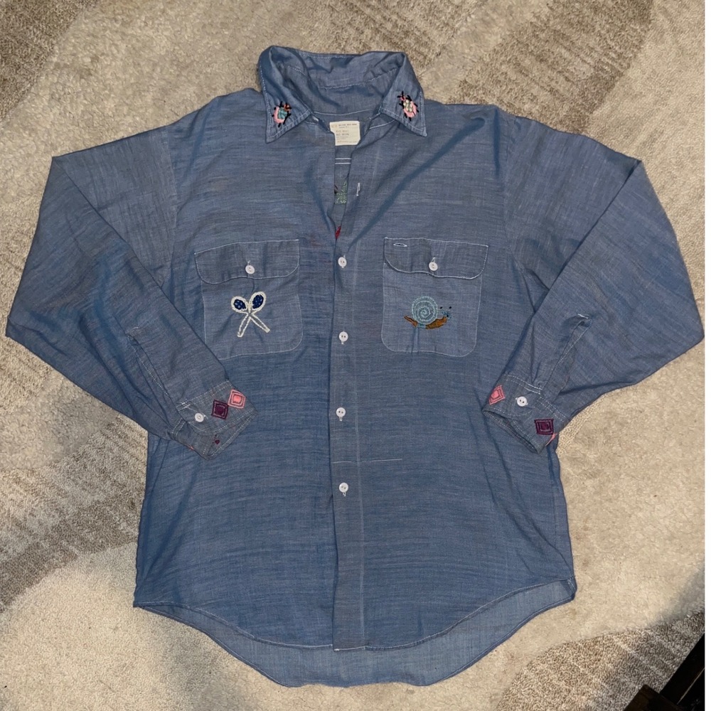 Vintage Big Mac JCPenney Embroidered Chambray Work Shirt Blue Folk Art Snail S/M